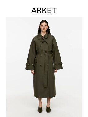 ARKET Cotton Trench Coat Belted Long Double-Breasted Jacket NWT Minimalist Olive